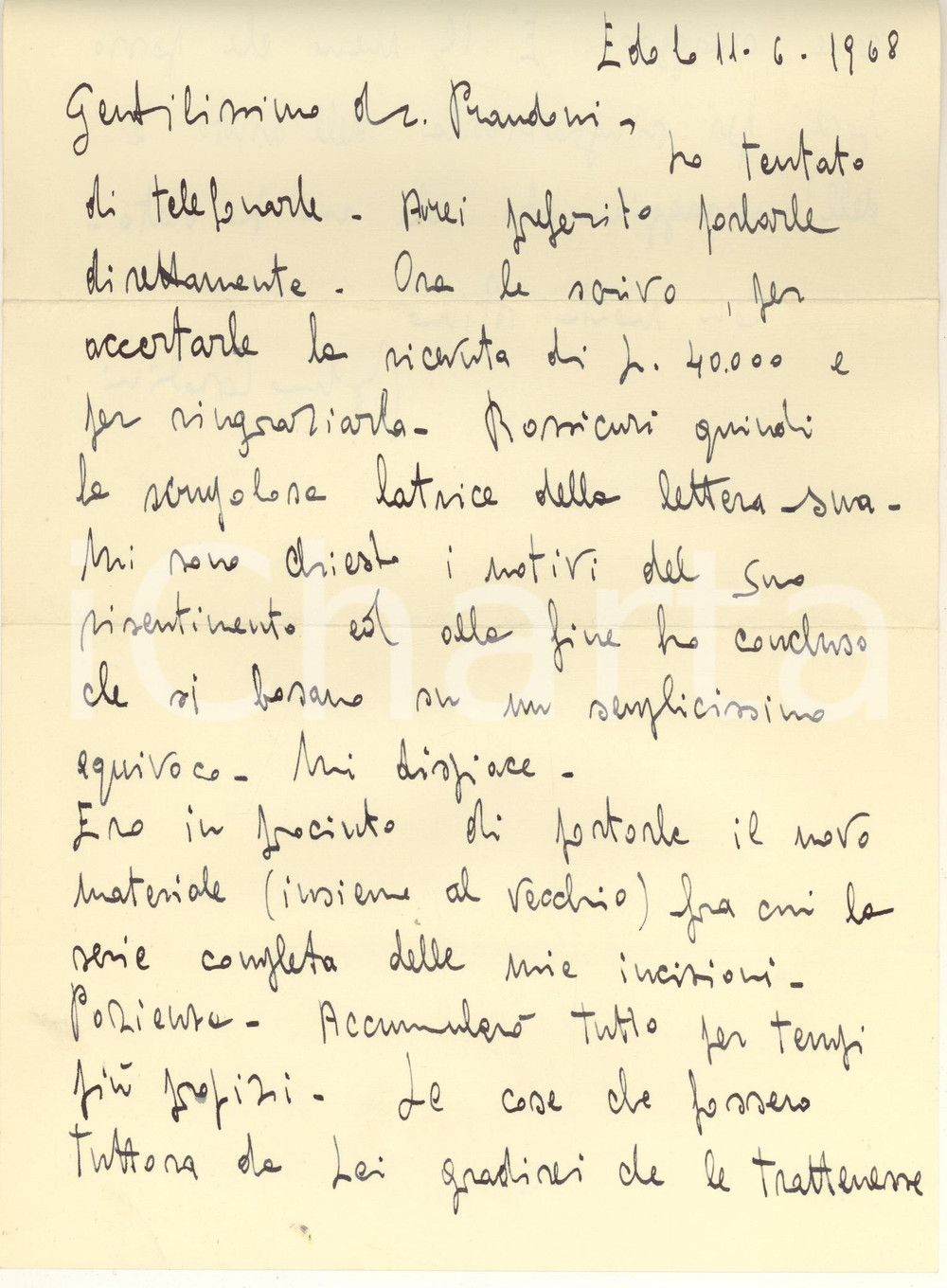 Autografo originale 1968 EDOLO Artista Bruno CASALINI  Risentimento di un acquirente Autografo 1