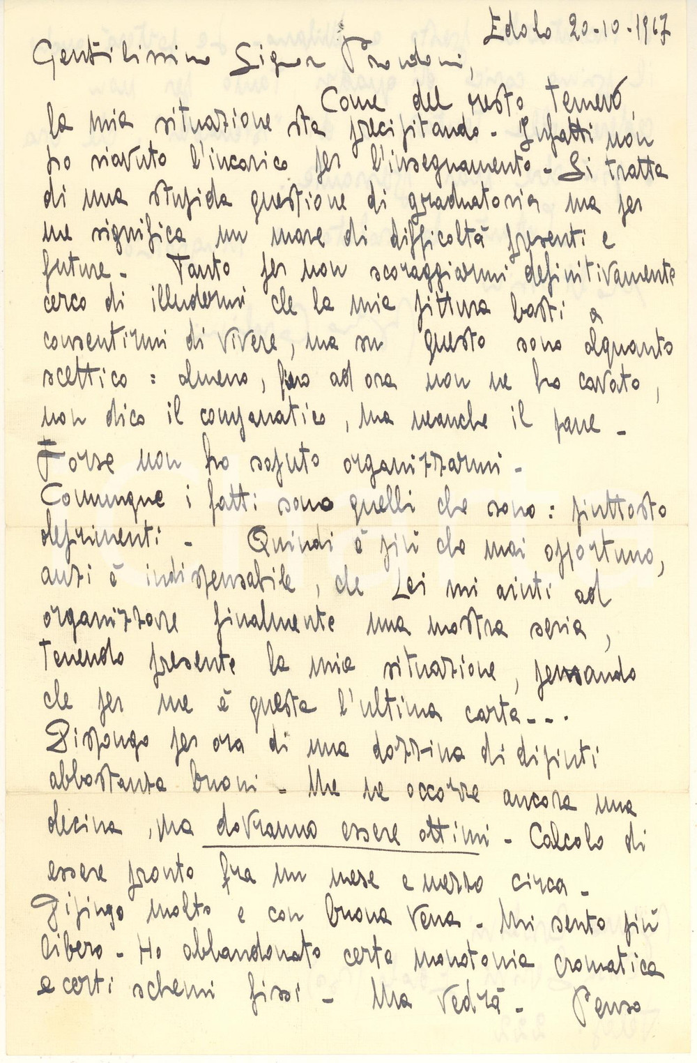 Autografo originale 1967 EDOLO Artista Bruno CASALINI  La pittura non consente di vivere Autografo 1