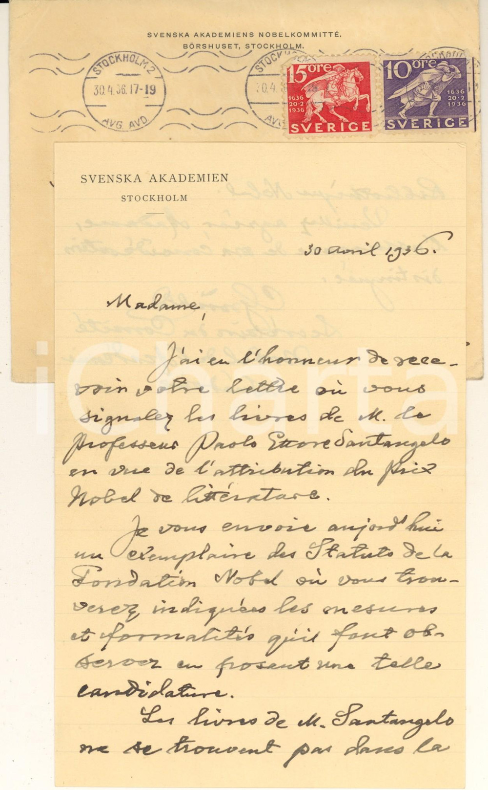 Autografo originale 1936 SVENSKA AKADEMIEN STOCKHOLM Lettera Carl GRONBLAD segretario Autografo 1