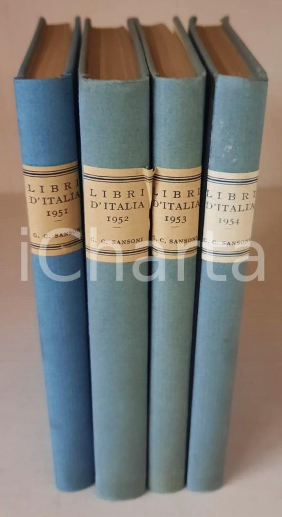 1951-1954 LIBRI D'ITALIA Repertorio alfabetico edizioni italiane 4 voll. SANSONI Legature editoriali in tela con titoli su cartigli ai piatti e ai dorsi.PAGINE: 262 + 258 + 231 + 231EDITORE: Sansoni - Firenze CONDIZIONI:GOOD/buono buone condizioni interne, ma lieve curvatura alla copertina del 4° volumeFORMATO: 11x16 cm originale e autentica 1