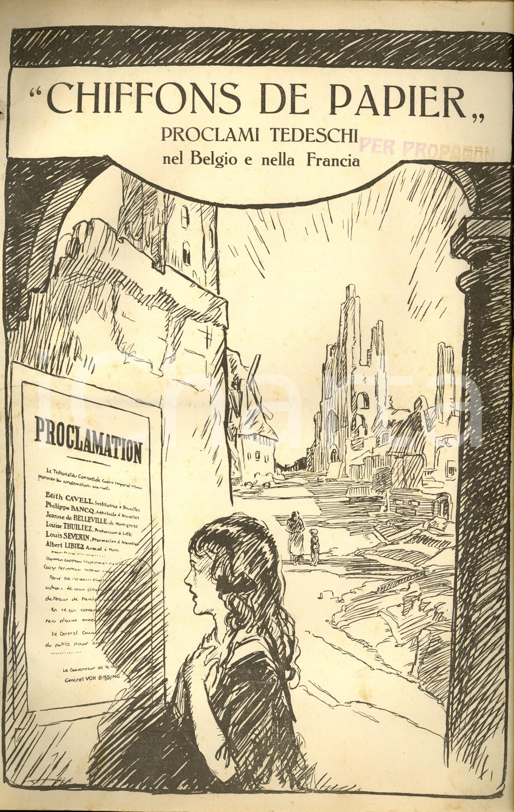 Giornale, rivista storica 1917 MILANO WW1 Chiffons de papier Proclami tedeschi BELGIO e FRANCIA 1