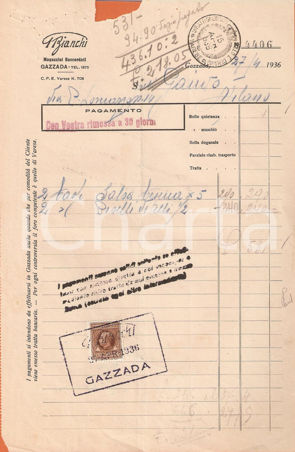 Documento originale, autentico 1936 GAZZADA SCHIANNO VA Magazzini raccordati G.BIANCHI Alimentari Fattura 1