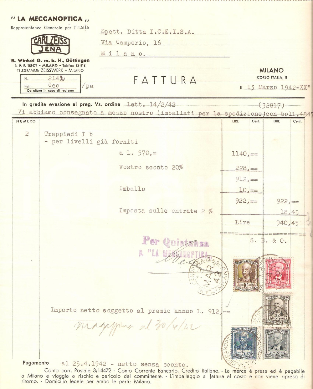 Documento originale, autentico 1942 MILANO Ditta MECCANOPTICA rappresentanza Carl ZEISS JENA Fattura 1