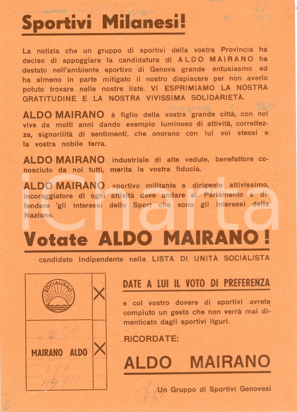 Materiale pubblicitario d’epoca 1948 MILANO Elezioni politiche Votate Aldo MAIRANO Lista Unità Socialista 2 1
