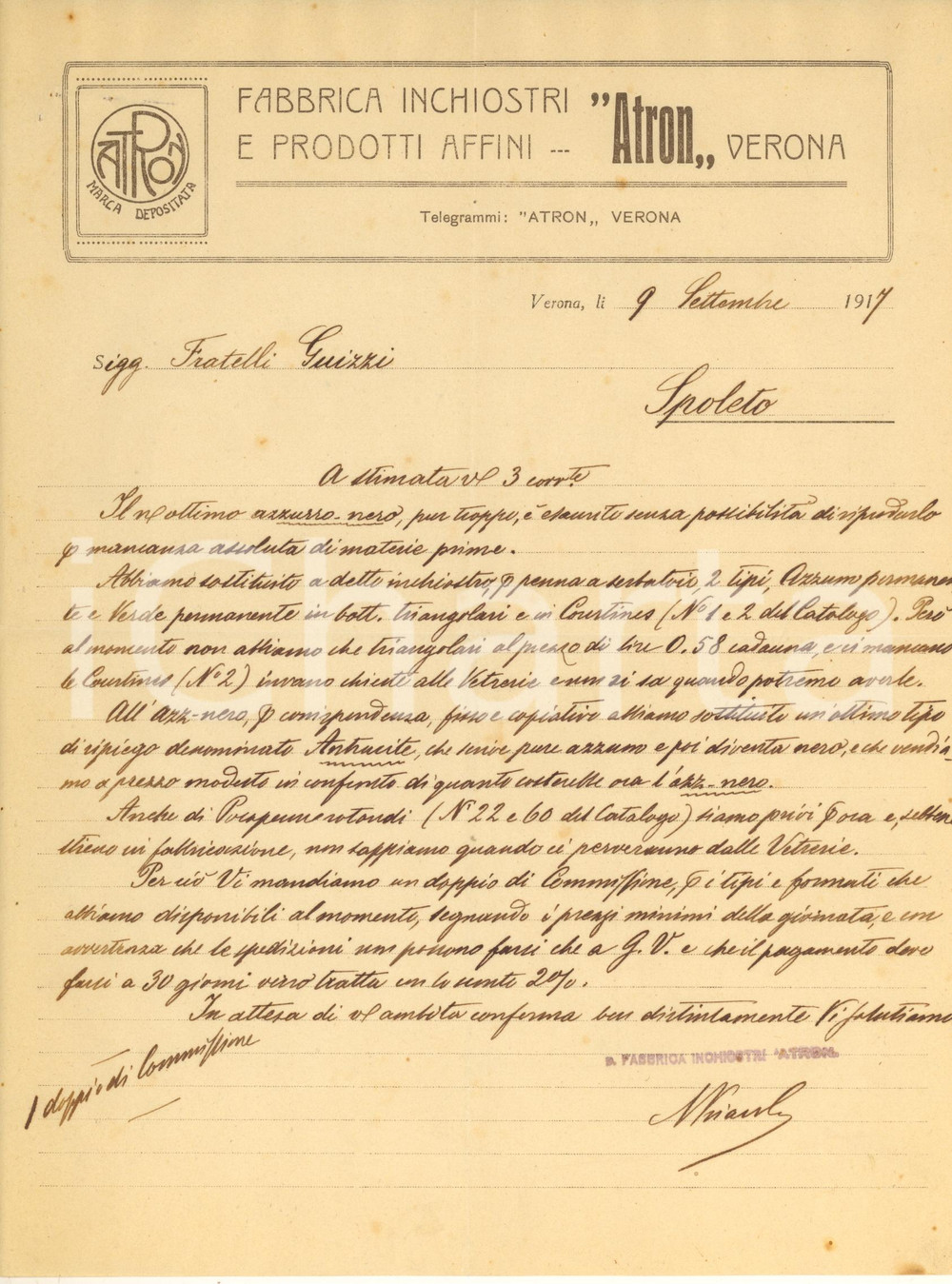 Documento originale, autentico 1917 VERONA Fabbrica Inchiostri ATRON  Lettera commerciale 1