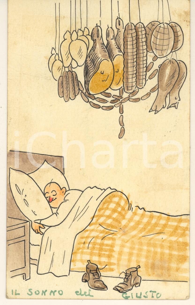 Cartolina originale da collezione 1945 MILANO SATIRA Enrico ANTINOZZI Il sonno del giusto DISEGNATA A MANO 1