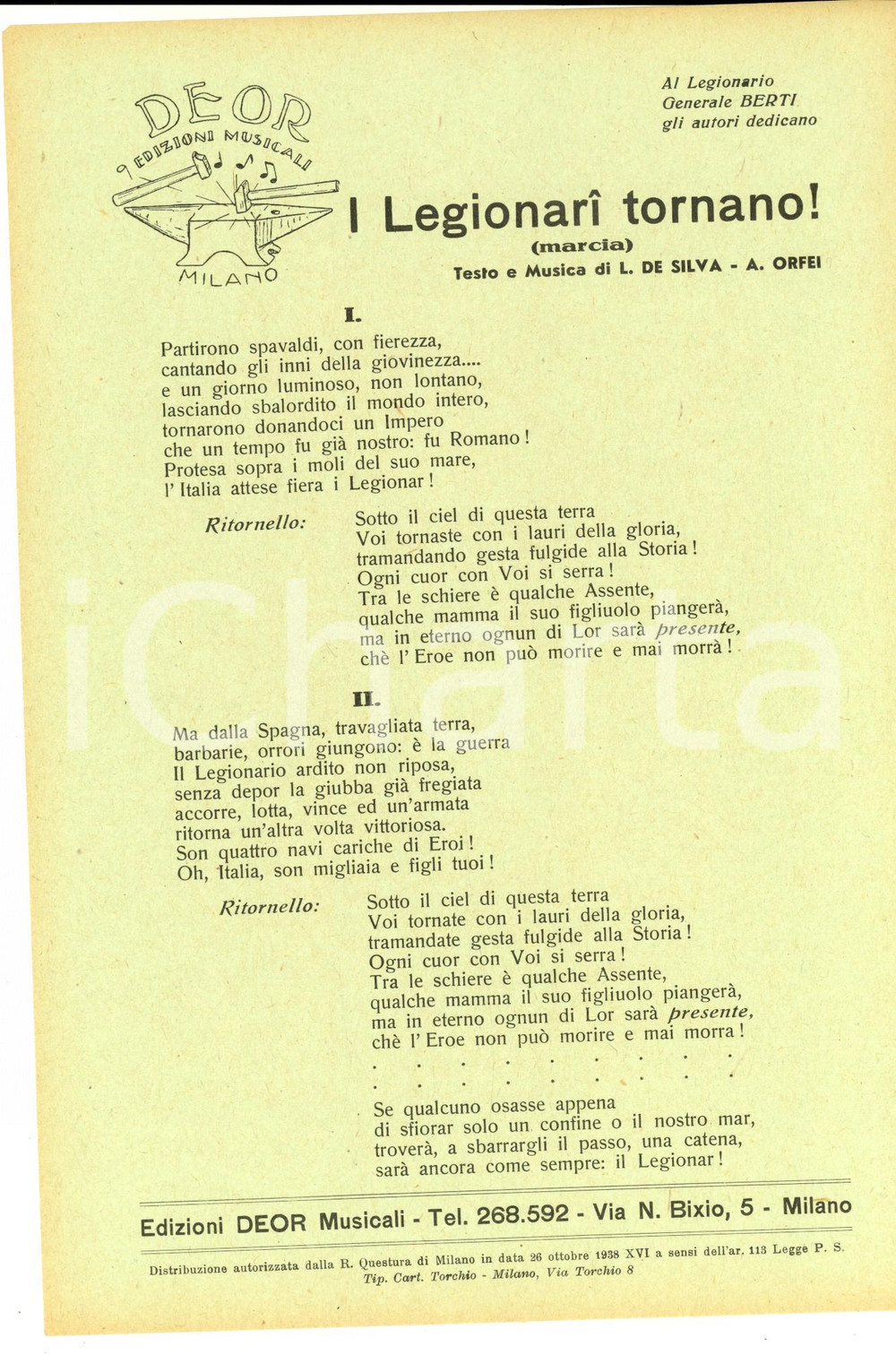 Oggetto da collezione cartaceo 1938 L. DE SILVA  A. ORFEI I Legionari tornano! Volantino con testo canzone 1