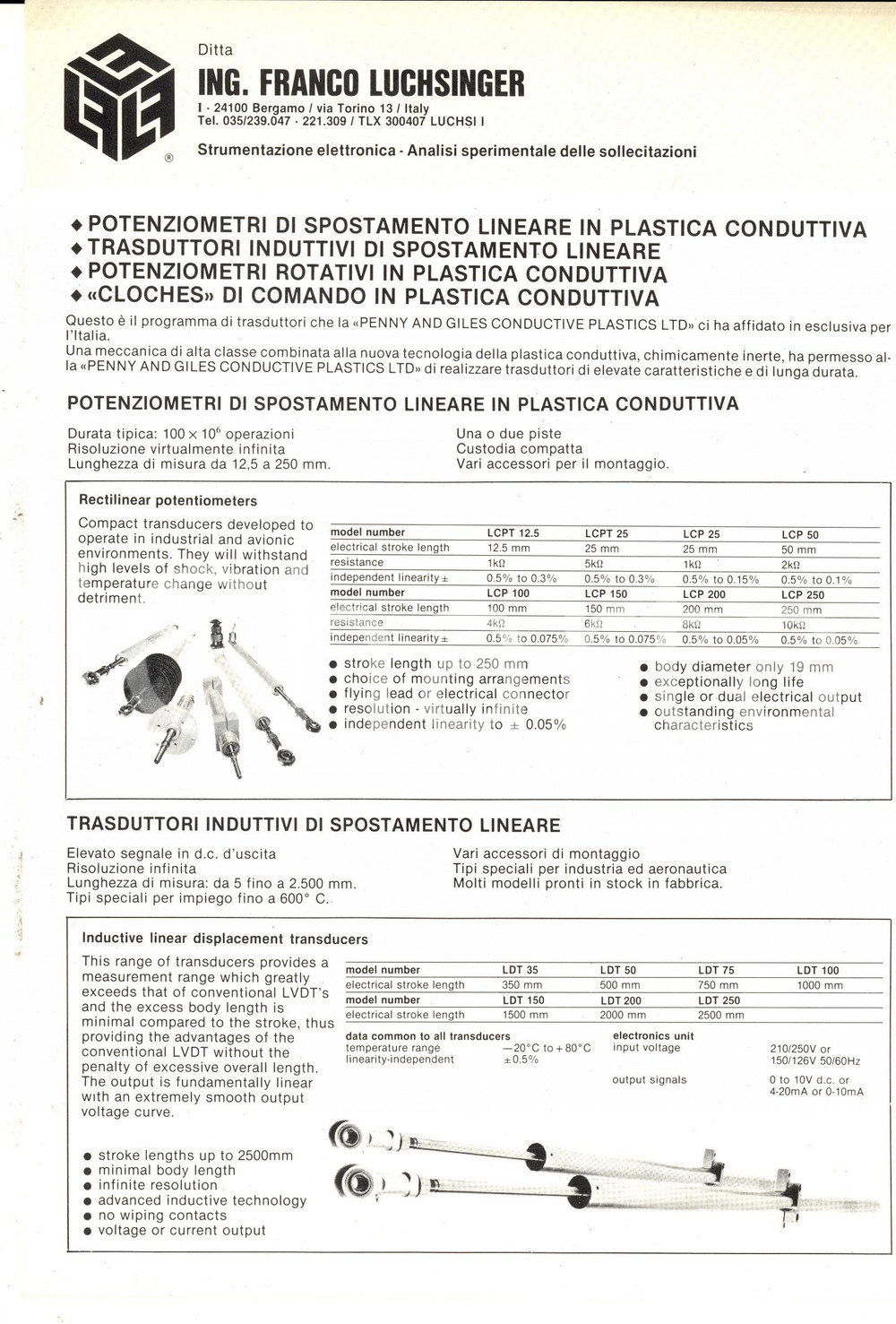 Materiale pubblicitario d’epoca 1980 ca TORINO Franco LUCHSINGER Potenziometri di spostamento Volantino 1