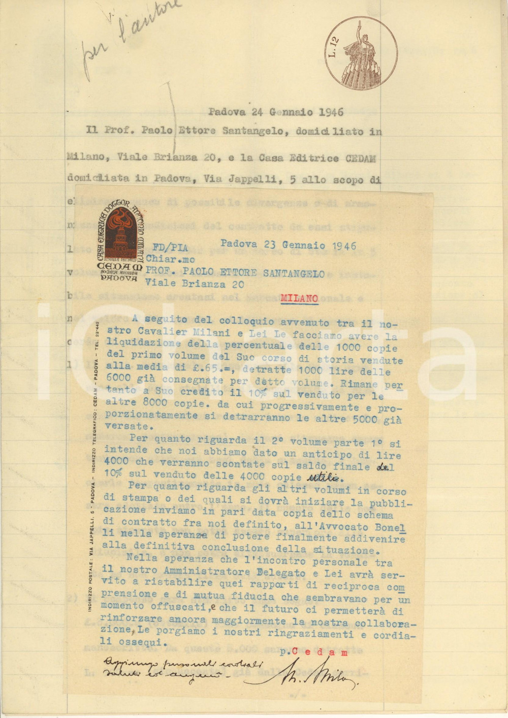 Autografo originale 1946 PADOVA Editrice CEDAM Marzio MILANI  Controversia con autore AUTOGRAFI 1