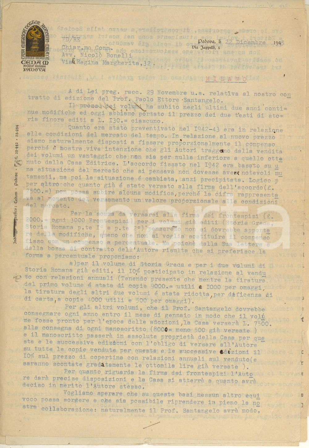 Autografo originale 1945 PADOVA Editrice CEDAM Marzio MILANI  Accordi con SANTANGELO AUTOGRAFI 1