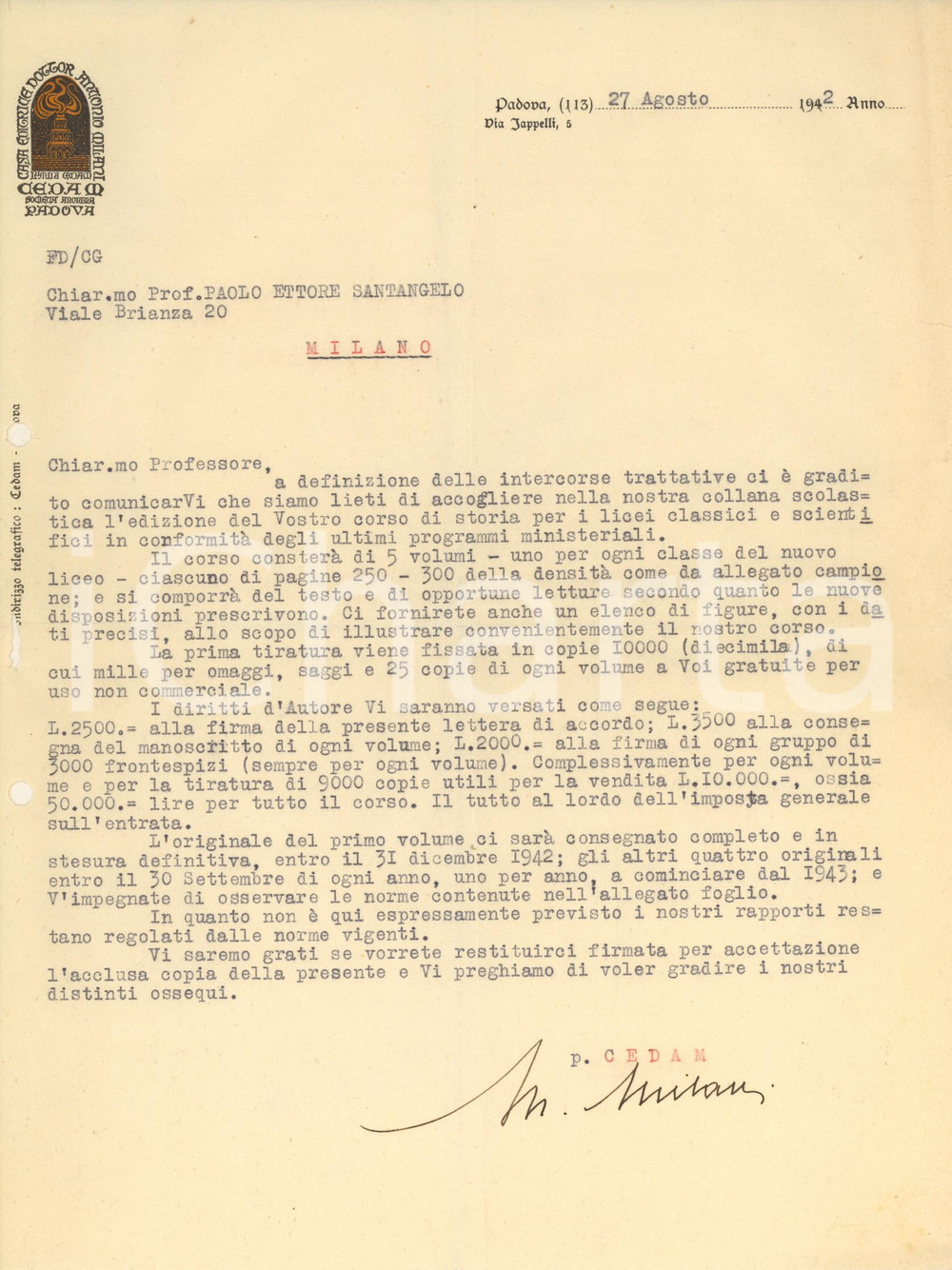 Autografo originale 1942 PADOVA Editrice CEDAM  Marzio MILANI su collana scolastica Autografo 1