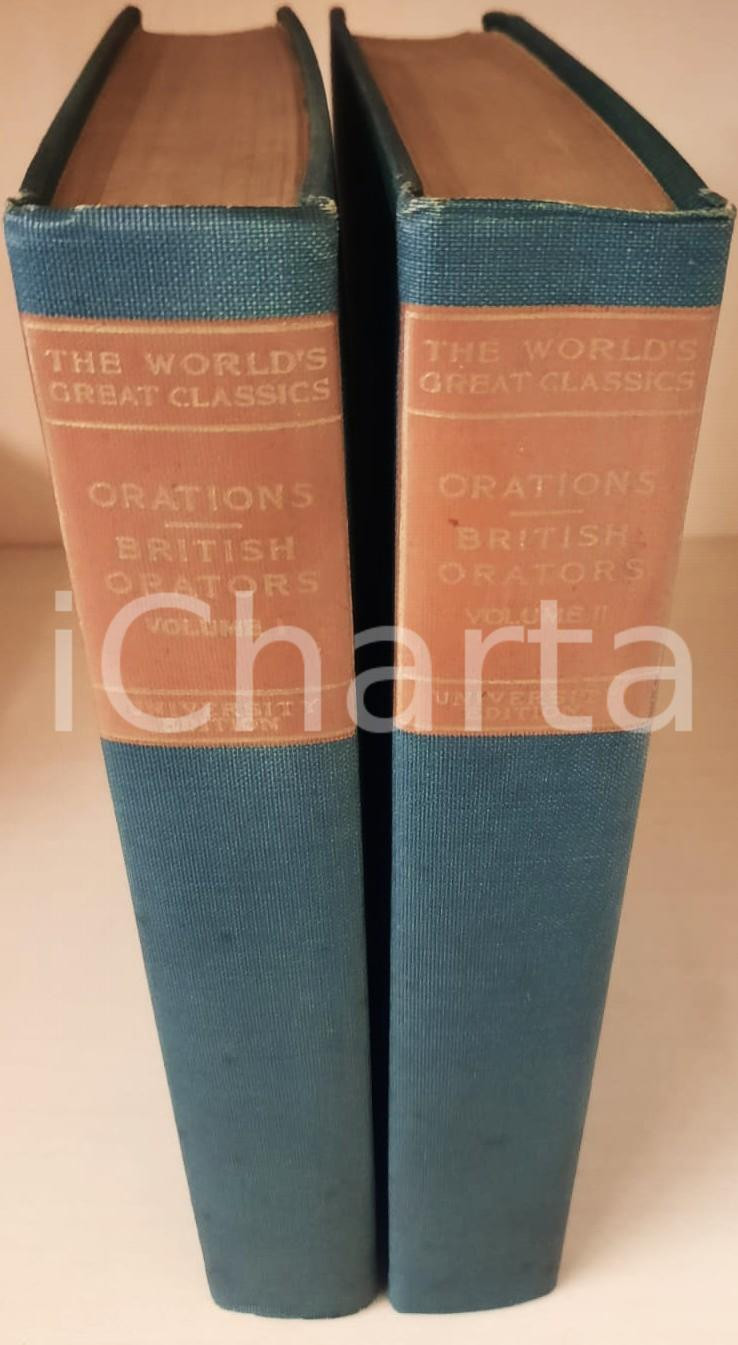 1900 World's Great Classics: Orations of British orators *2 voll. Giuseppe Musso Legatura editoriale in tela, con copertina rigida; titoli dorati al dorso; taglio superiore dorato.Due volumi, intonsi.Timbro di possesso "Giuseppe Domenico Musso - Shanghai, Cina".PAGINE: 453 + 449EDITORE: The Colonial Press - New York / London CONDIZIONI:GOOD/buono buone condizioni interne, ma lievi schiacciamenti in copertinaFORMATO: 16x24 cm originale e autentica 1