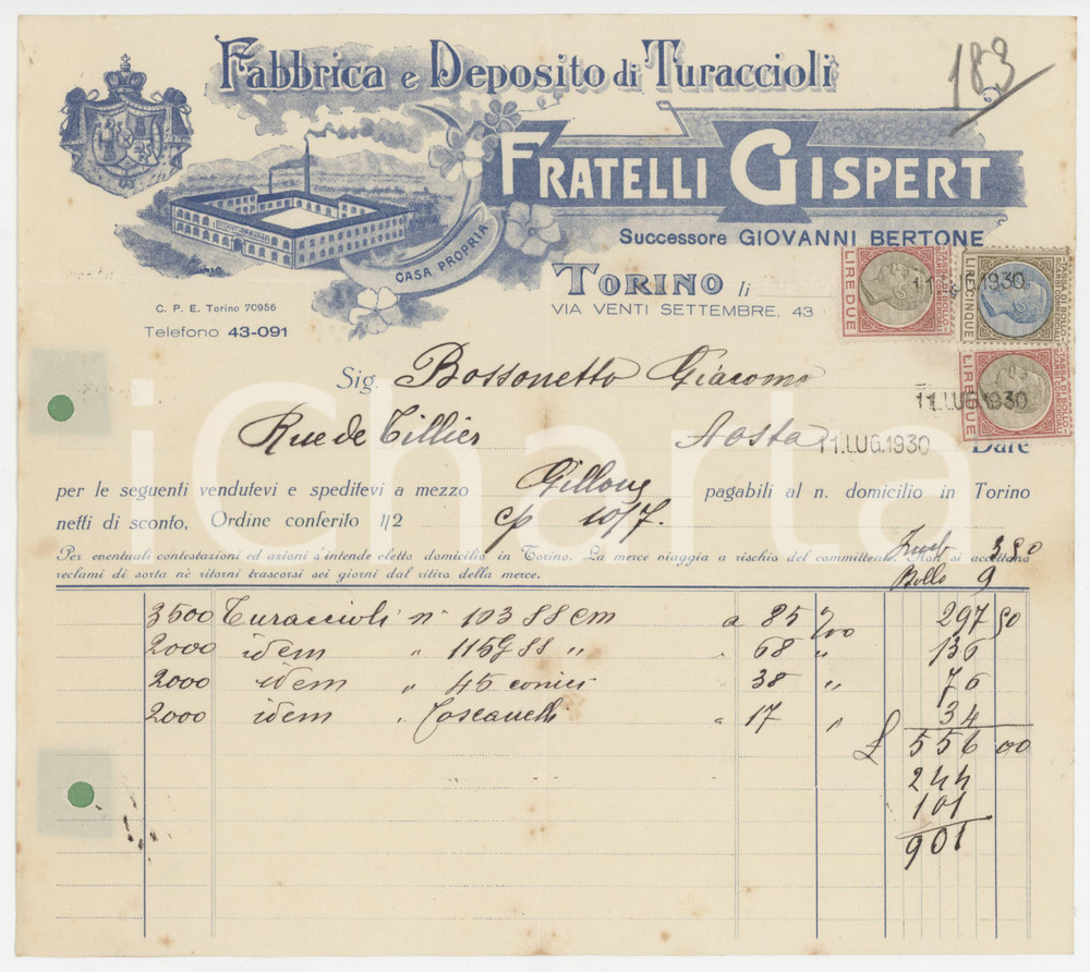 1930 TORINO Via XX Settembre - Fratelli GISPERT Fabbrica turaccioli ^Fattura Fattura commerciale d'epoca manoscritta, su carta intestata illustrata.Presenti marche da bollo.PAGINE: 1  CONDIZIONI:FAIR/discreto piegature d'epoca; fori da classificatoreFORMATO: 22x19 cm originale e autentica 1