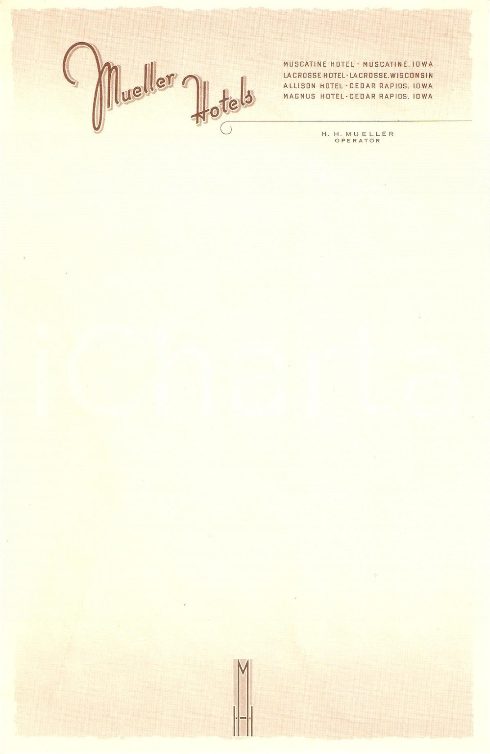 Materiale pubblicitario d’epoca 1950 ca IOWA  WISCONSIN USA Mueller Hotels Carta intestata 5 1