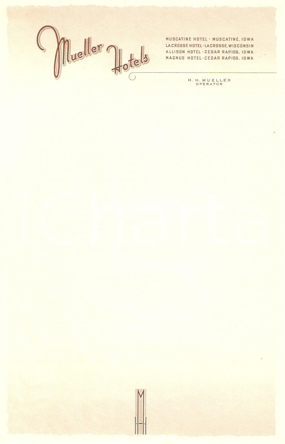 1950 ca IOWA - WISCONSIN (USA) Mueller Hotels *Carta intestata (7) DATA: 1950 circa  LUOGO: IOWA - WISCONSIN (USA)  TITOLO: MUELLER HOTELSMuscatine Hotel - Muscatine, IowaLacrosse Hotel - Lacrosse, WisconsinAllison Hotel - Cedar Rapids, IowaMagnus Hotel - Cedar Rapids, Iowa  DESCRIZIONE: Carta intestata d'epoca.  DIMENSIONE: cm 15 x 24  CONDIZIONI: buone.  Documento d'epoca, originale, autentico.   originale e autentica 1