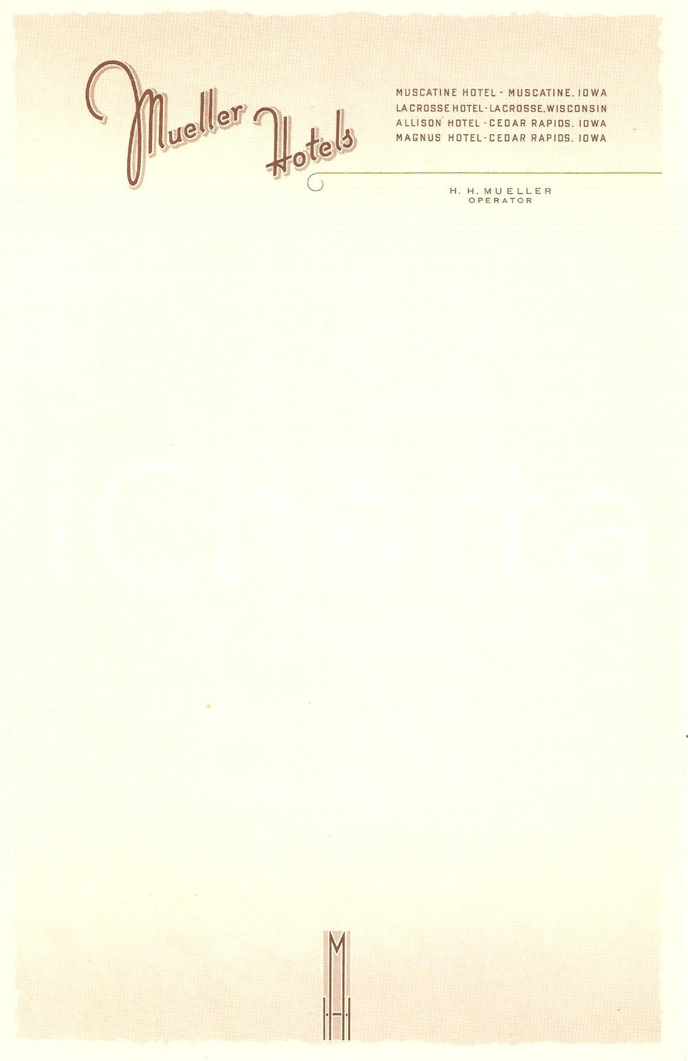 Materiale pubblicitario d’epoca 1950 ca IOWA  WISCONSIN USA Mueller Hotels Carta intestata 3 1