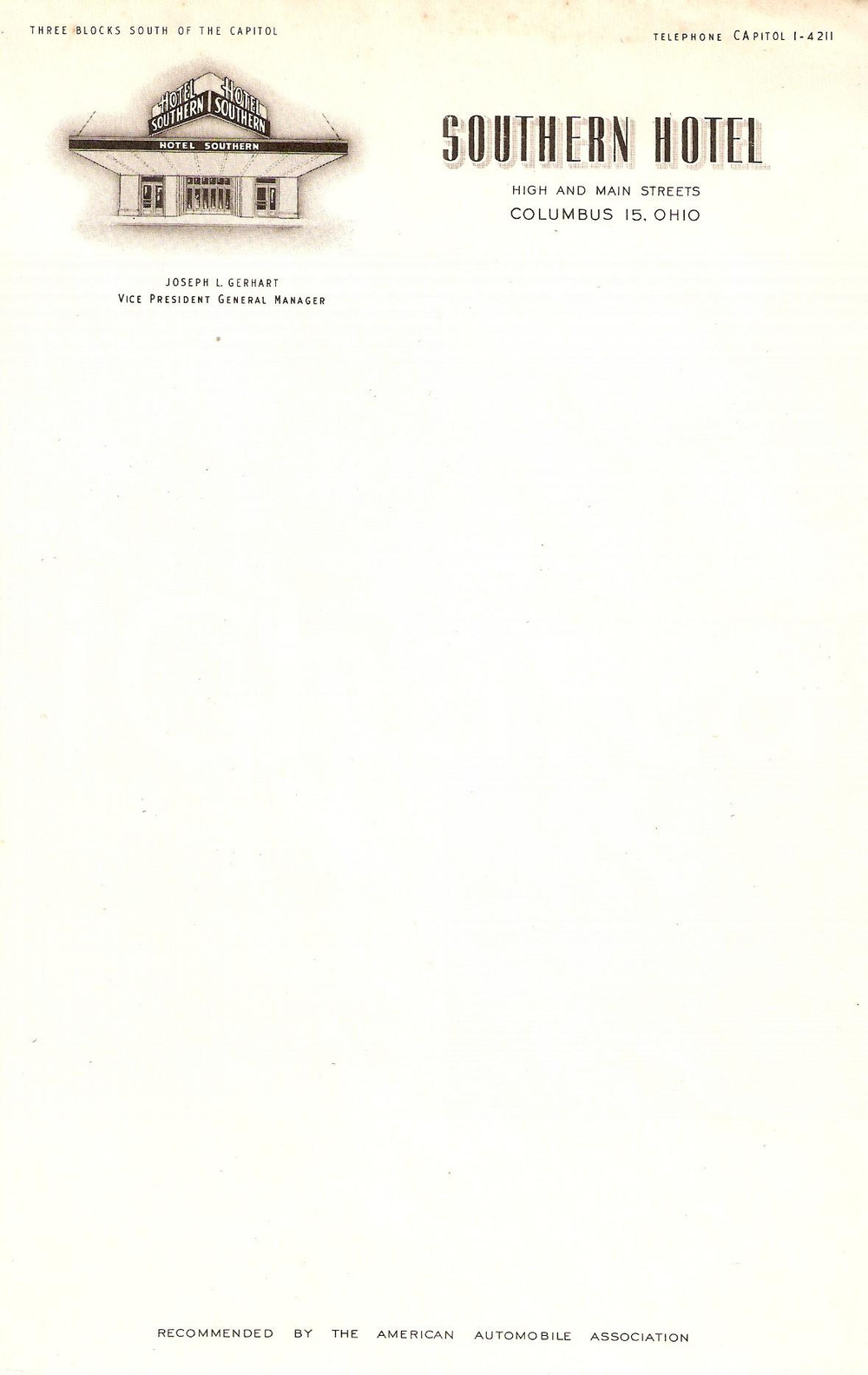 Materiale pubblicitario d’epoca 1950 ca COLUMBUS Ohio USA SOUTHERN Hotel Carta intestata ILLUSTRATA 3 1