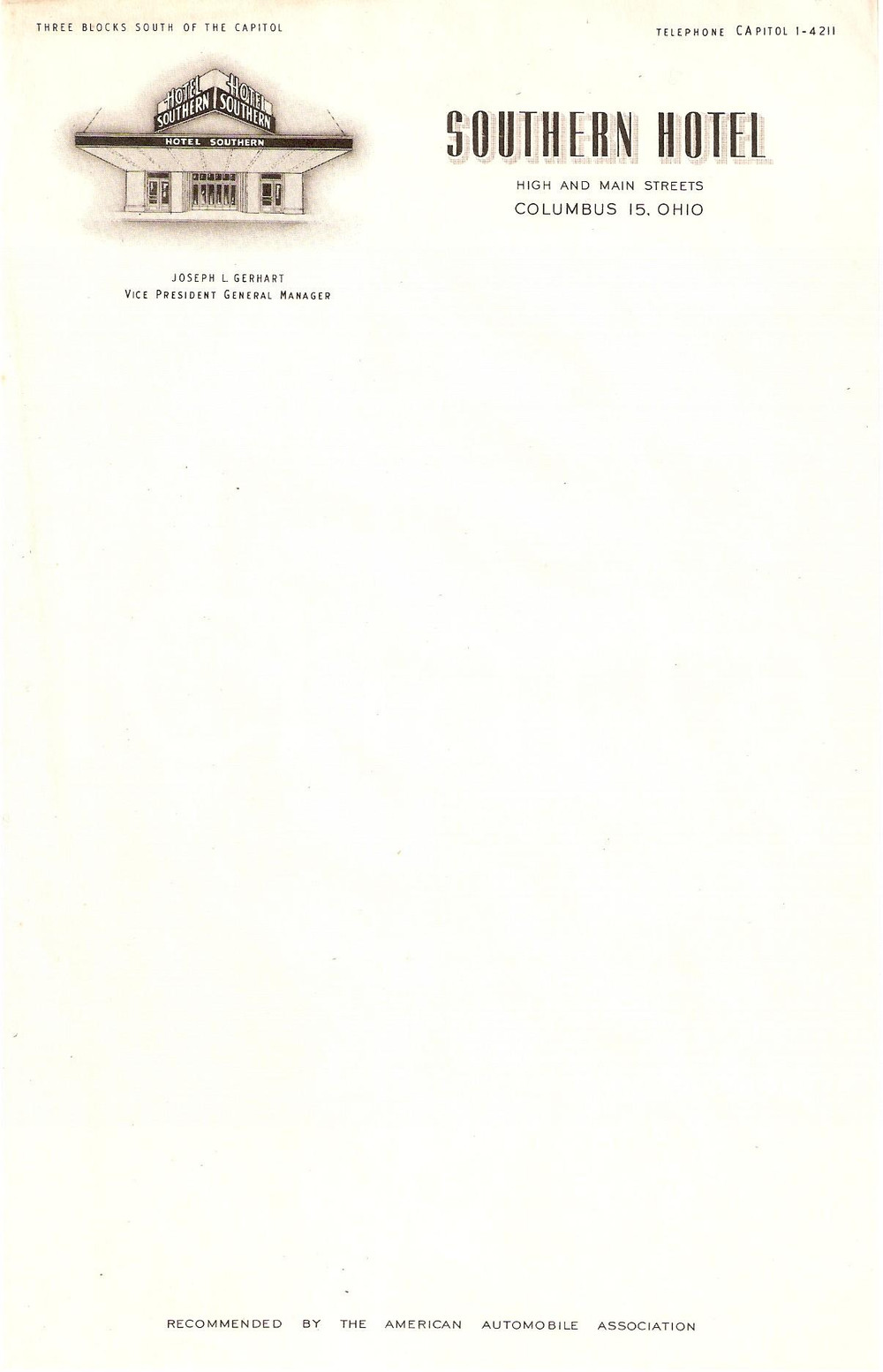 1950 ca COLUMBUS Ohio (USA) SOUTHERN Hotel *Carta intestata ILLUSTRATA (4) DATA: 1950 circa  LUOGO: COLUMBUS, OHIO (USA)  TITOLO: SOUTHERN HOTELVice President General Manager JOSEPH L. GERHART  DESCRIZIONE: Carta intestata d'epoca, illustrata.  DIMENSIONE: cm 15 x 24  CONDIZIONI: buone (ma lievi gualciture al margine superiore)  Documento d'epoca, originale, autentico.   originale e autentica 1