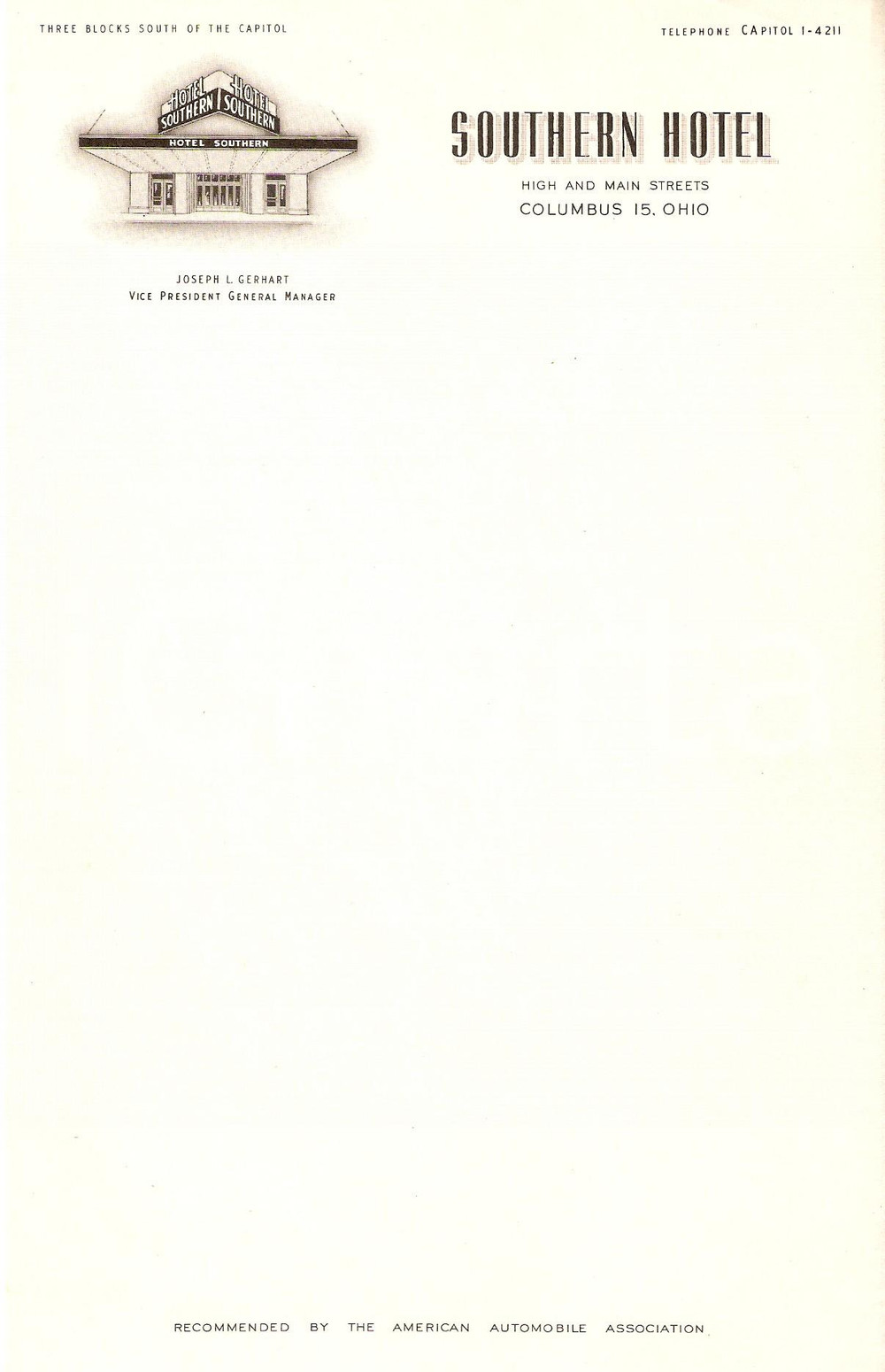 1950 ca COLUMBUS Ohio (USA) SOUTHERN Hotel *Carta intestata ILLUSTRATA (5) DATA: 1950 circa  LUOGO: COLUMBUS, OHIO (USA)  TITOLO: SOUTHERN HOTELVice President General Manager JOSEPH L. GERHART  DESCRIZIONE: Carta intestata d'epoca, illustrata.  DIMENSIONE: cm 15 x 24  CONDIZIONI: buone.  Documento d'epoca, originale, autentico.   originale e autentica 1