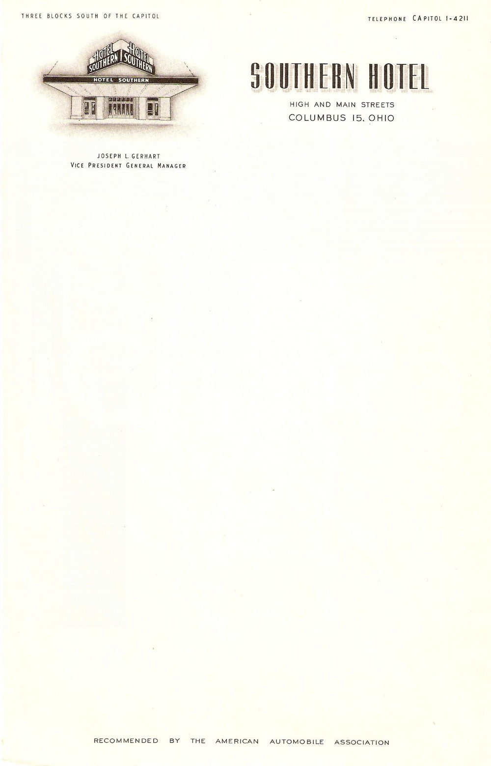 1950 ca COLUMBUS Ohio (USA) SOUTHERN Hotel *Carta intestata ILLUSTRATA (6) DATA: 1950 circa  LUOGO: COLUMBUS, OHIO (USA)  TITOLO: SOUTHERN HOTELVice President General Manager JOSEPH L. GERHART  DESCRIZIONE: Carta intestata d'epoca, illustrata.  DIMENSIONE: cm 15 x 24  CONDIZIONI: buone (ma lievi gualciture)  Documento d'epoca, originale, autentico.   originale e autentica 1