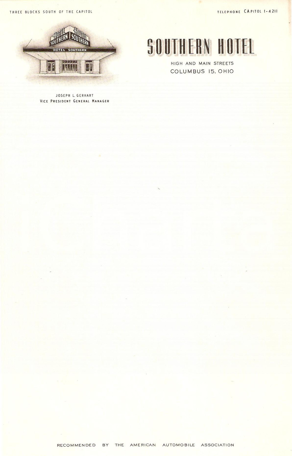 Materiale pubblicitario d’epoca 1950 ca COLUMBUS Ohio USA SOUTHERN Hotel Carta intestata ILLUSTRATA 2 1