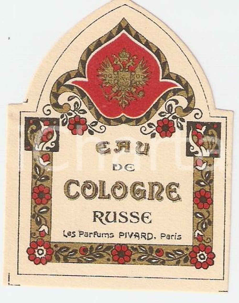 Materiale pubblicitario d’epoca 1950 ca PARIS Parfums PIVARD Eau de cologne russe  Etichetta ILLUSTRATA 1