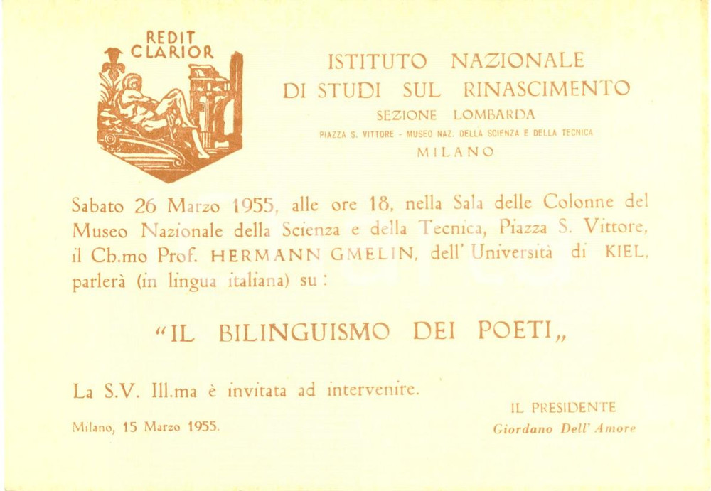 Materiale pubblicitario d’epoca 1955 MILANO Istituto Nazionale Rinascimento Hermann GMELIN Bilinguismo poeti 2 1