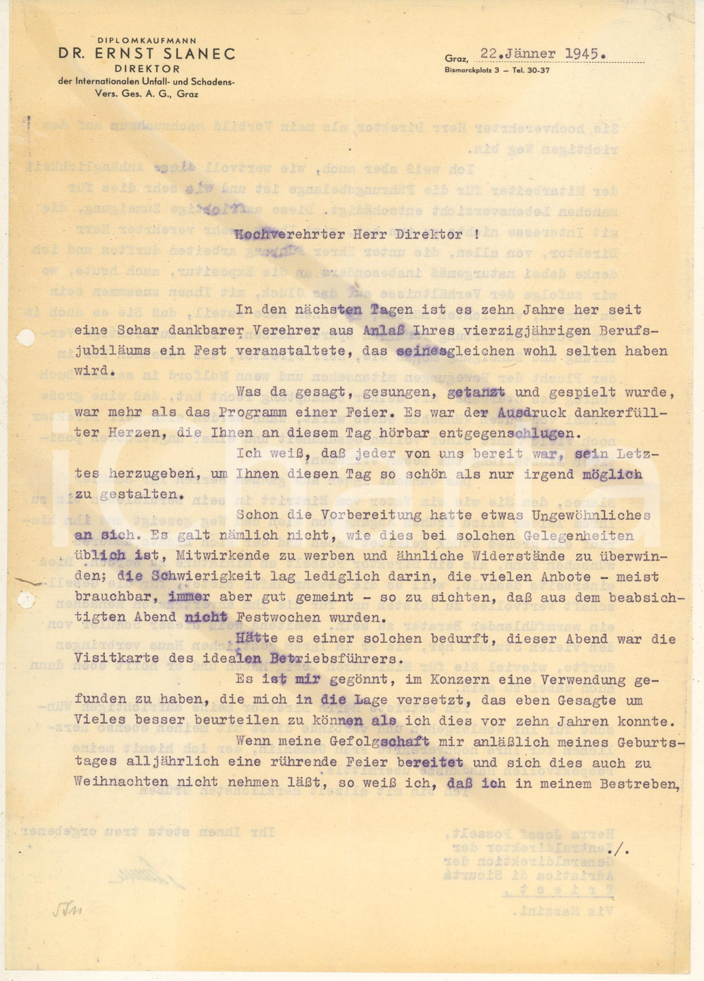 Autografo originale 1945 GRAZ Ernst SLANEC Direktor  Lettera a un collega del settore assicurazioni 1