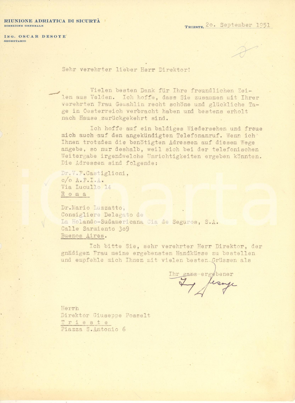 Autografo originale 1951 TRIESTE Riunione Adriatica di Sicurtà  Lettera Oscar DESOYE a un collega 1