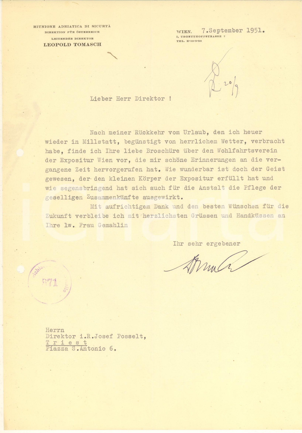 Autografo originale 1951 WIEN Riunione Adriatica di Sicurtà  Lettera Leopold TOMASCH a un collega 1