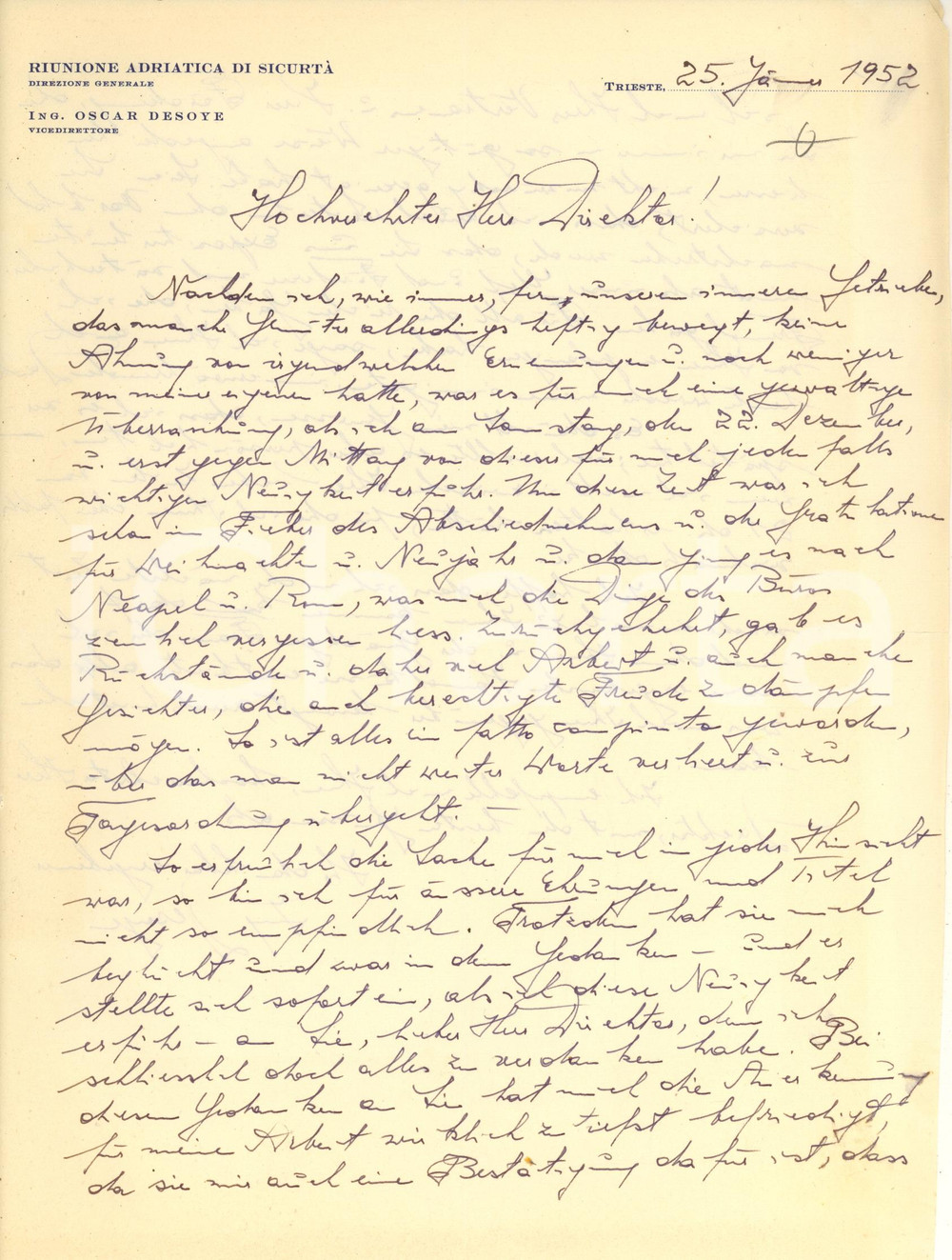 Autografo originale 1952 TRIESTE Riunione Adriatica di Sicurtà  Lettera Oscar DESOYE vicedirettore 1