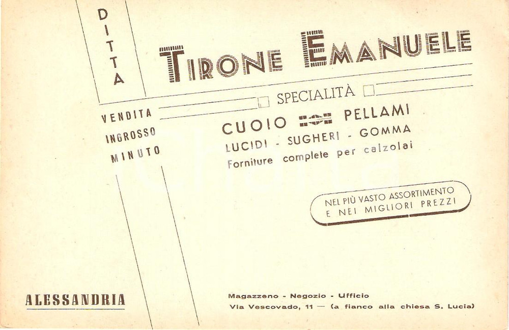 Oggetto da collezione cartaceo 1940 ca ALESSANDRIA Ditta Emanuele TIRONE Cuoio Cartoncino pubblicitario 2 1