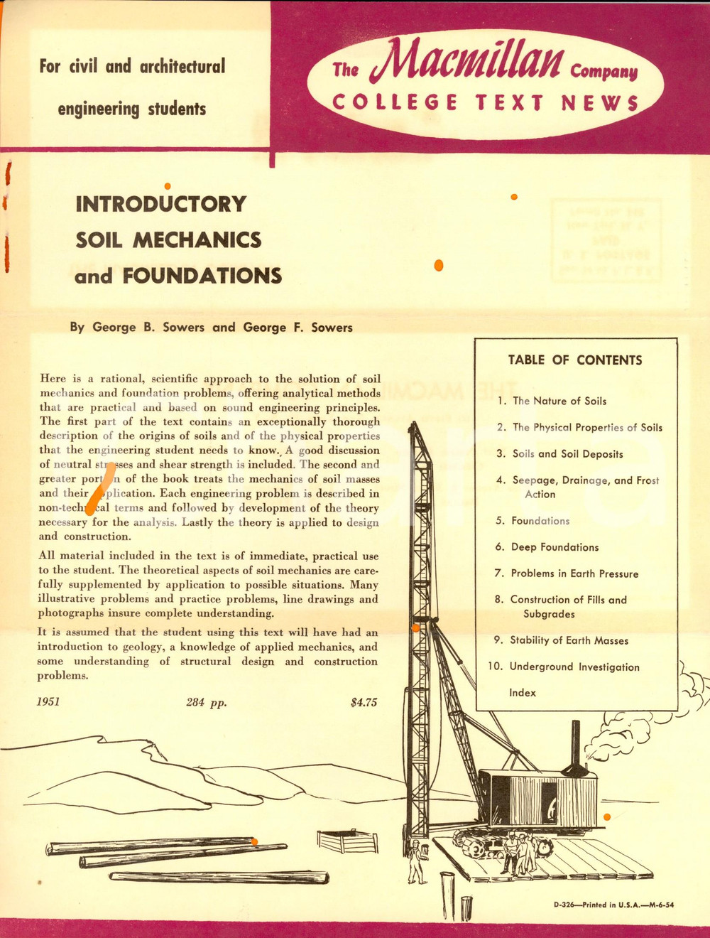 Materiale pubblicitario d’epoca 1954 MACMILLAN college text news George B. George F. SOWERS Soil mechanics 4 1