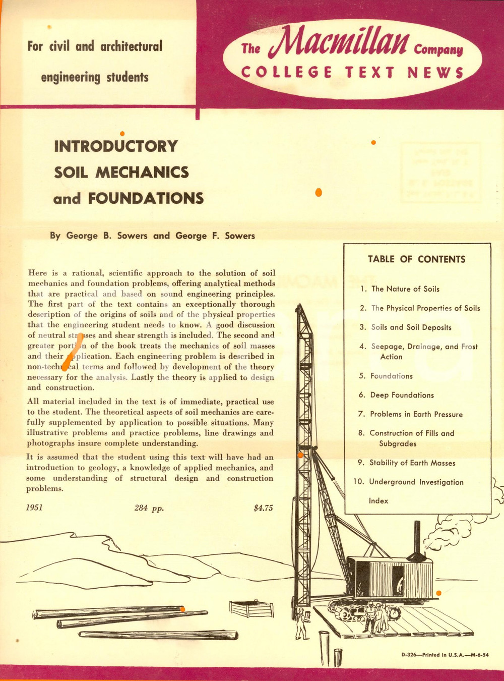Materiale pubblicitario d’epoca 1954 MACMILLAN college text news George B. George F. SOWERS Soil mechanics 2 1