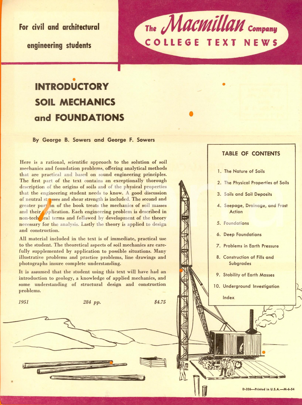 Materiale pubblicitario d’epoca 1954 MACMILLAN college text news George B. George F. SOWERS Soil mechanics 3 1