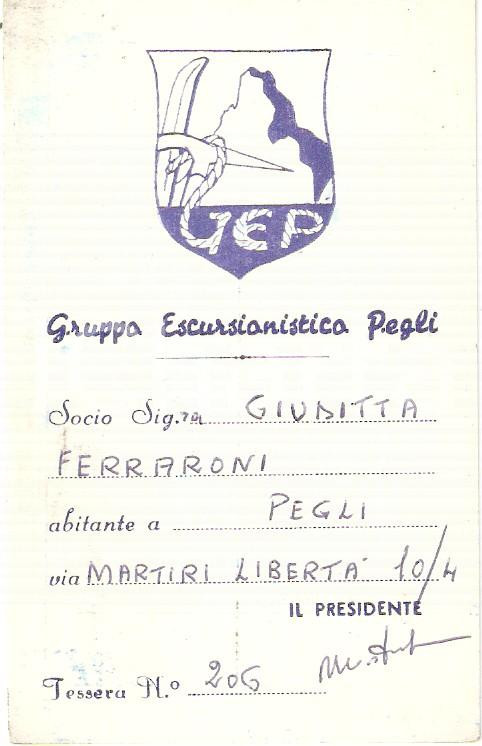 Oggetto da collezione cartaceo 1960 PEGLI GE Gruppo escursionistico  Tessera 1