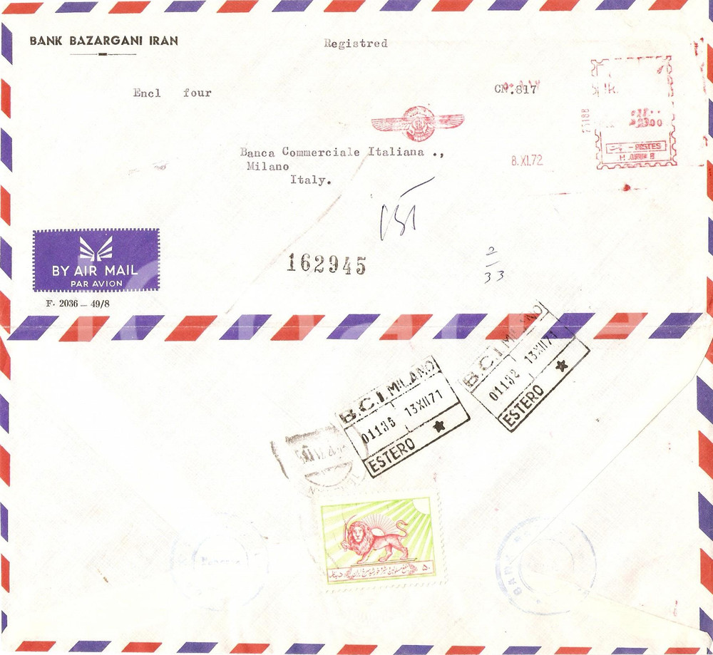 Oggetto da collezione cartaceo 1971 IRAN Storia postale BANK BAZARGANI Posta aerea AIR AMAIL Busta distesa 1