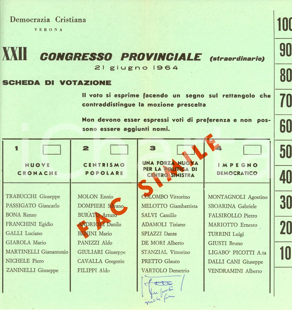 Documento originale, autentico 1964 VERONA XXII Congresso provinciale straordinario DC Facsimile scheda 2 1