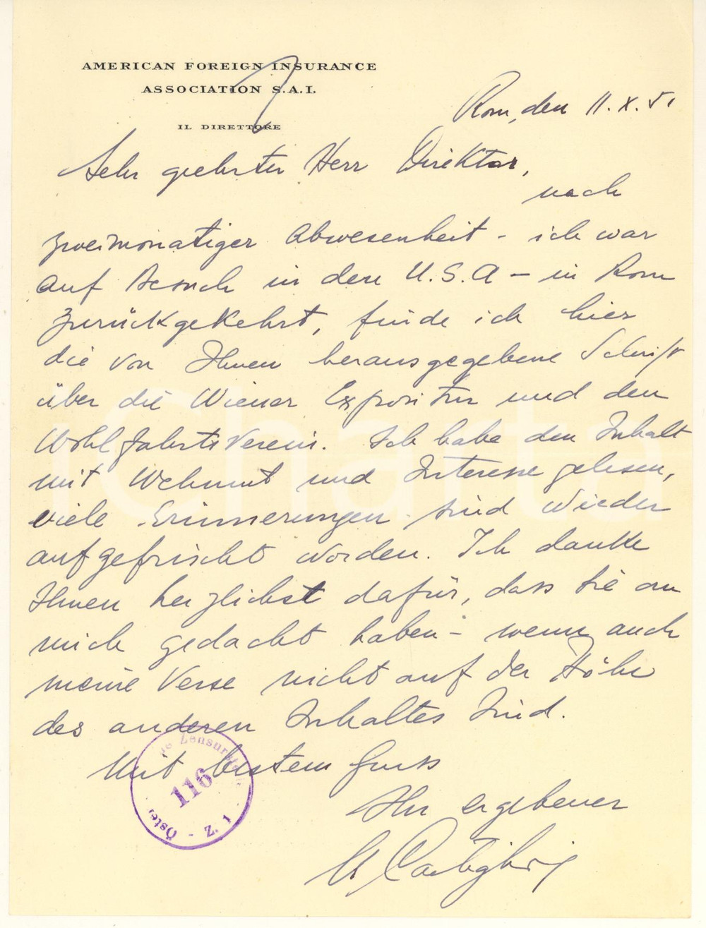 Manoscritto, lettera originale 1951 ROMA American Foreign Insurance  S.A.I. Lettera direttore CASTIGLIONI 1