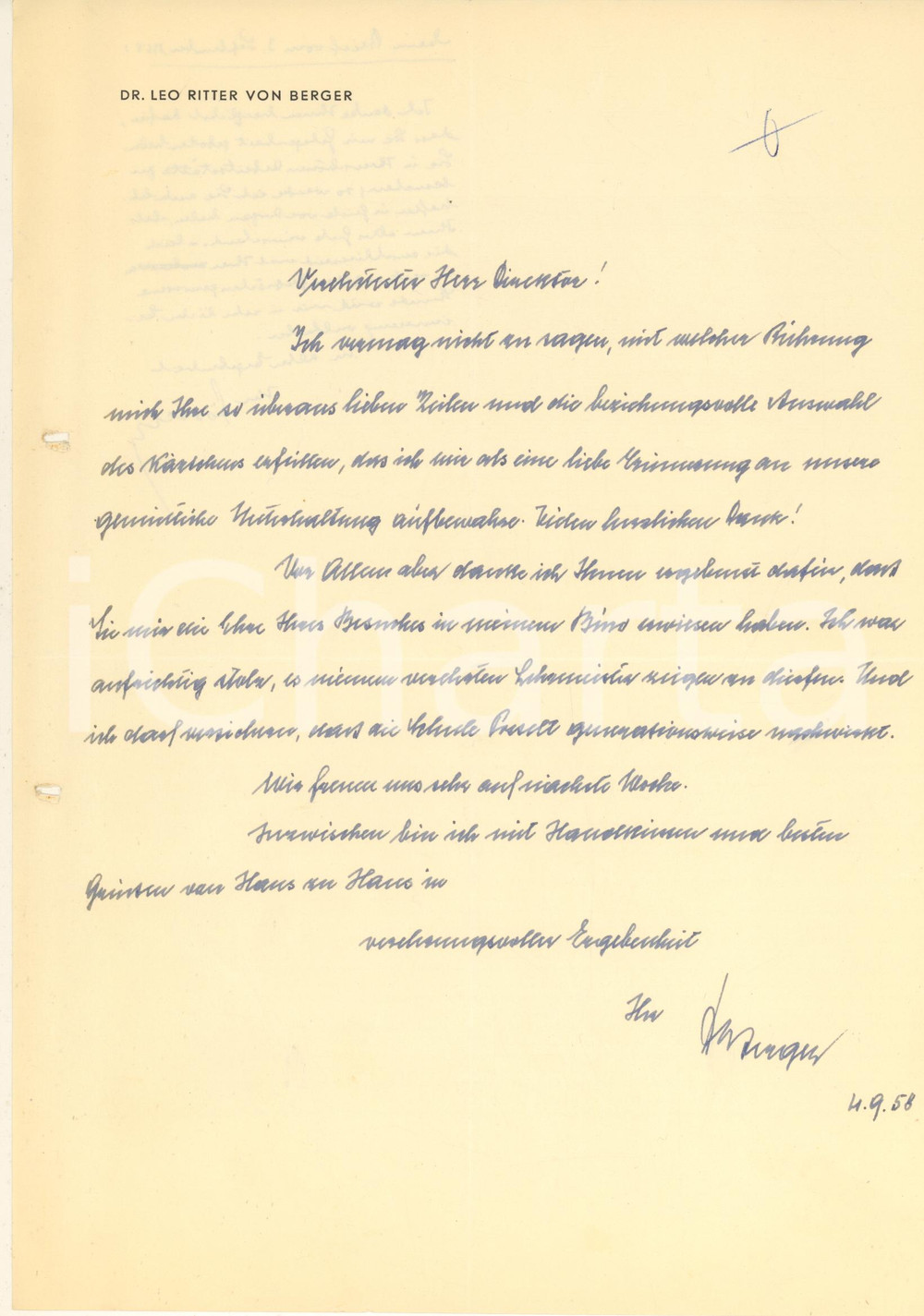 Manoscritto, lettera originale 1958 WIEN ? Lettera Leo RITTER VON BERGER  Assicurazioni Autografo 1