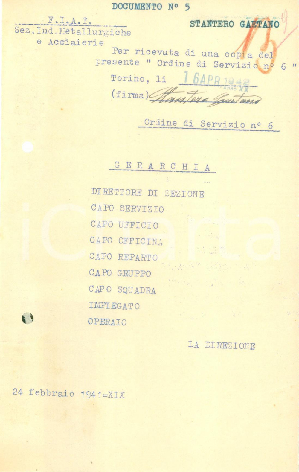 Documento originale, autentico 1941 TORINO WW2 Gerarchia FIAT Sezione Industrie Metallurgiche e Acciaierie 2 1