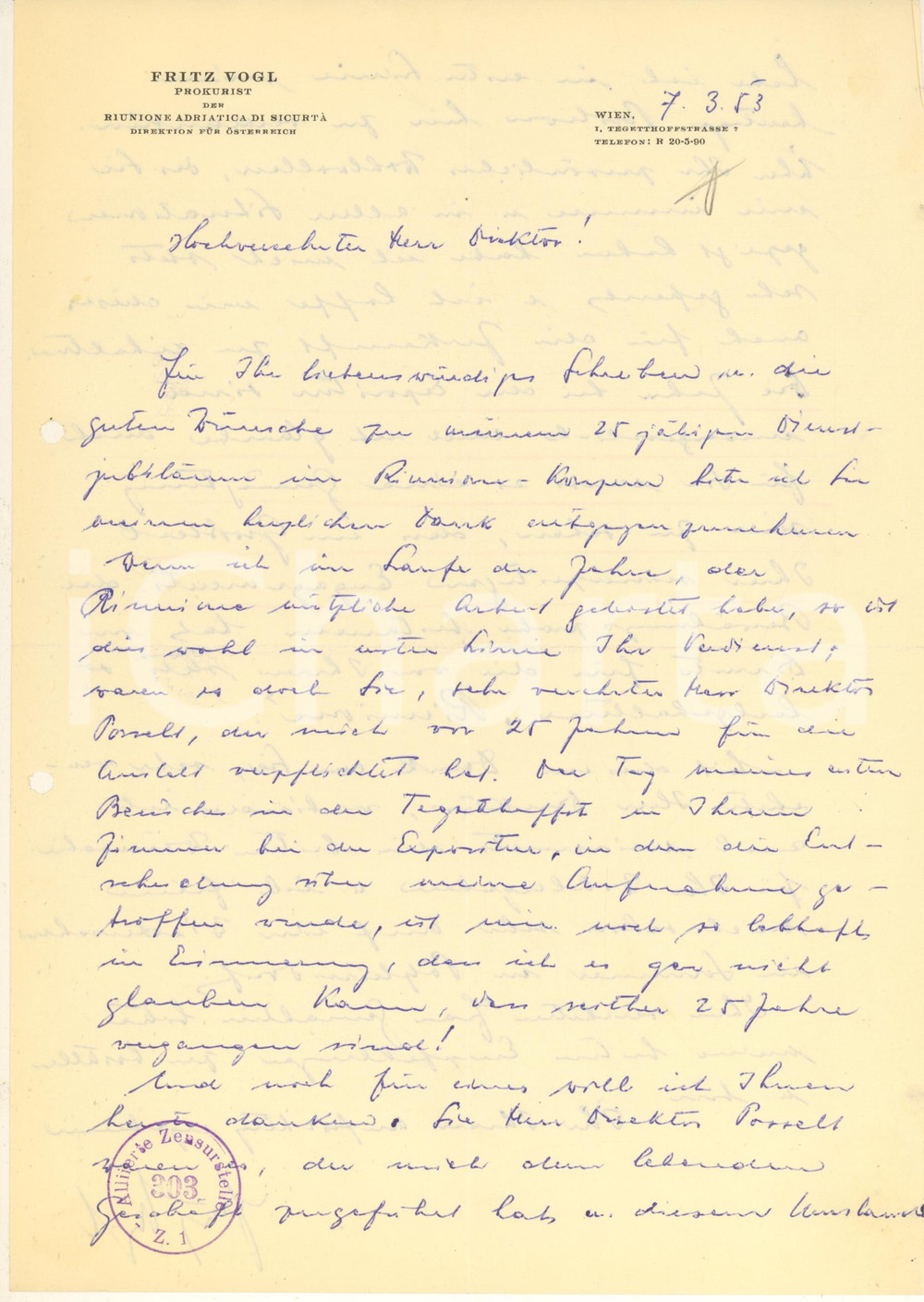 Manoscritto, lettera originale 1953 WIEN Riunione Adriatica di Sicurtà  Fritz VOGL prokurist Autografo 1