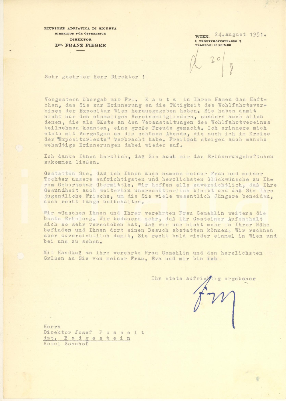 Autografo originale 1951 WIEN Riunione Adriatica di Sicurtà  Franz FIEGER direktor Österreich 1