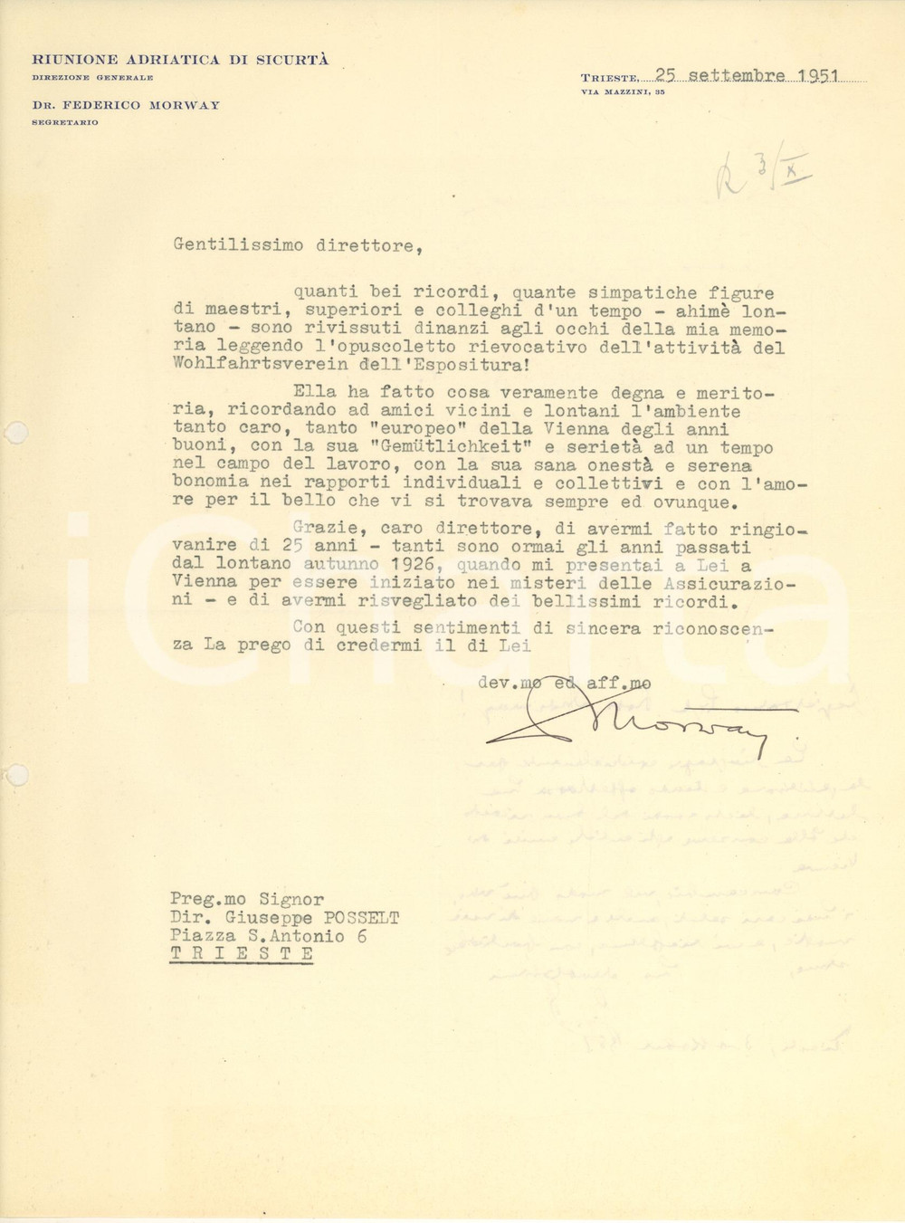 Manoscritto, lettera originale 1951 TRIESTE Riunione Adriatica di Sicurtà  Lettera Federico MORWAY segretario 1