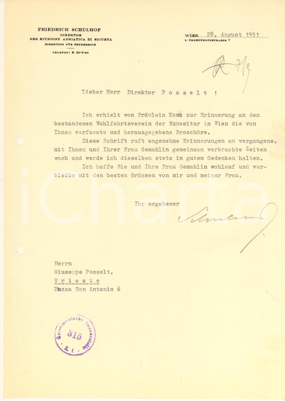 Manoscritto, lettera originale 1951 WIEN Riunione Adriatica di Sicurtà  Lettera Friedrich SCHULHOF direktor 1