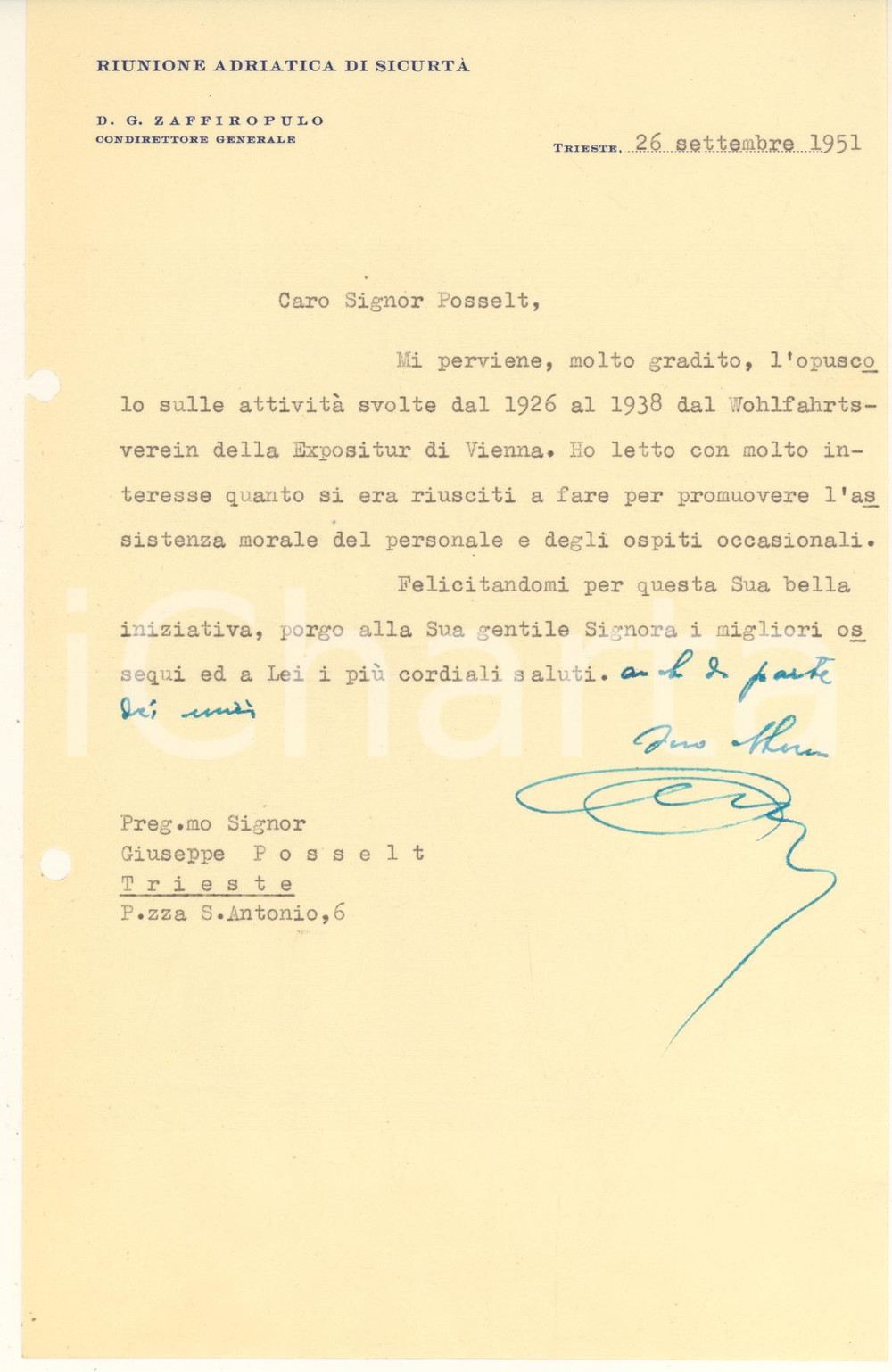 Manoscritto, lettera originale 1951 TRIESTE Riunione Adriatica Sicurtà  Lettera Dario ZAFFIROPULO condirettore 1