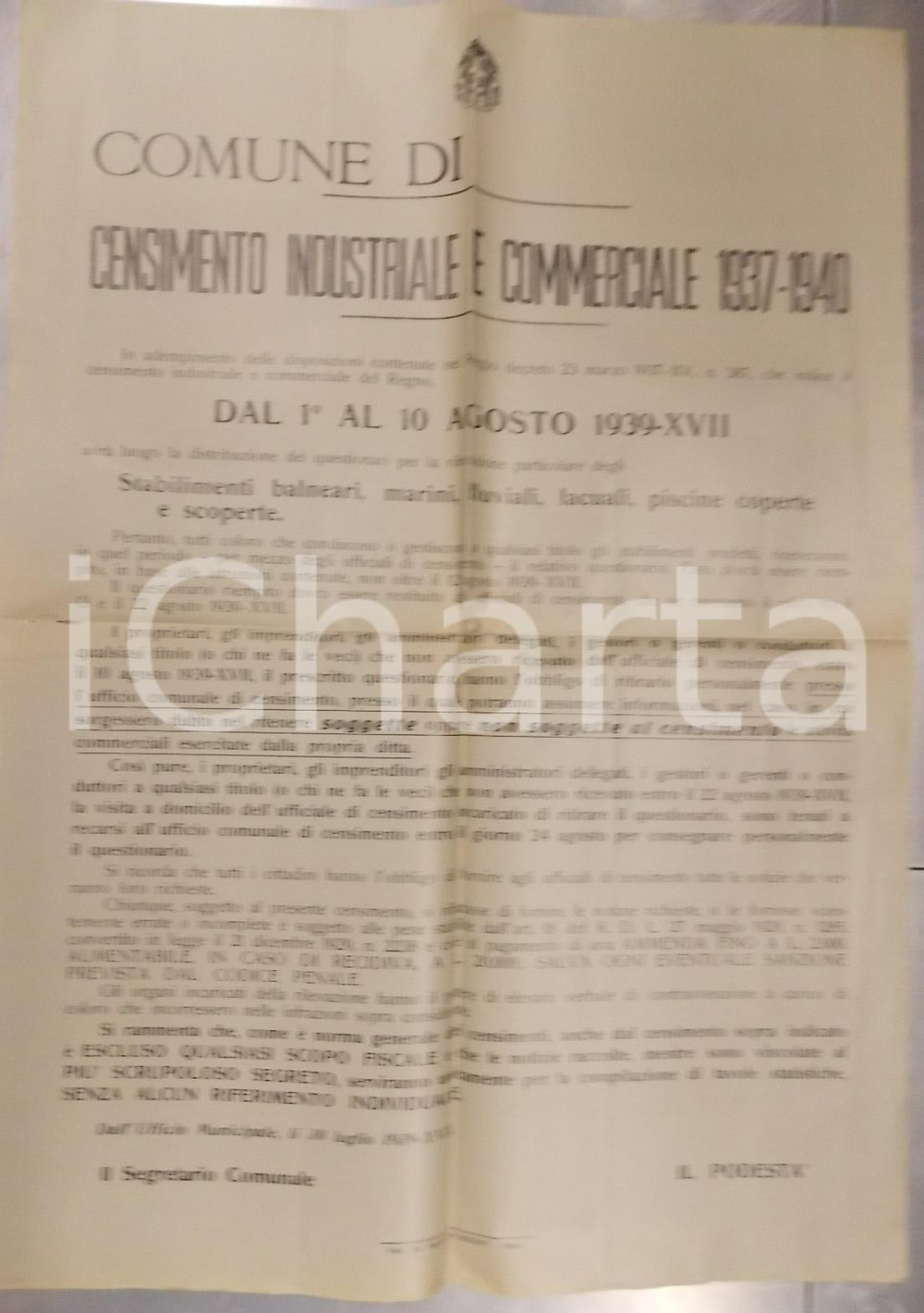 Documento originale, autentico 1939 PAVIA CENSIMENTO INDUSTRIALE stabilimenti balneari e piscine Manifesto 1
