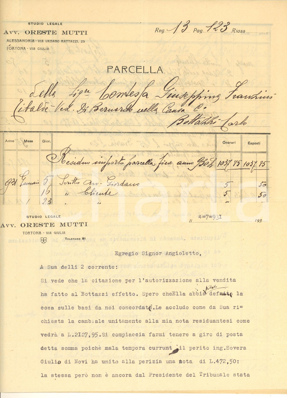 Autografo originale 1931 TORTONA Avv. Oreste MUTTI  Lettera e parcella manoscritta 1