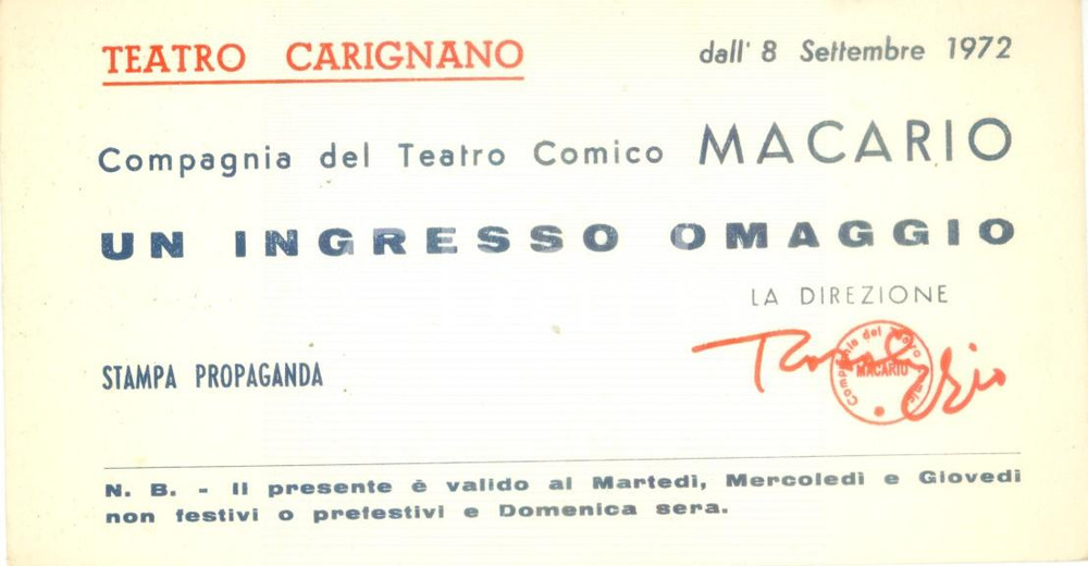 Oggetto da collezione cartaceo 1972 TORINO TEATRO CARIGNANO Compagnia Comica MACARIO Ingresso omaggio 1