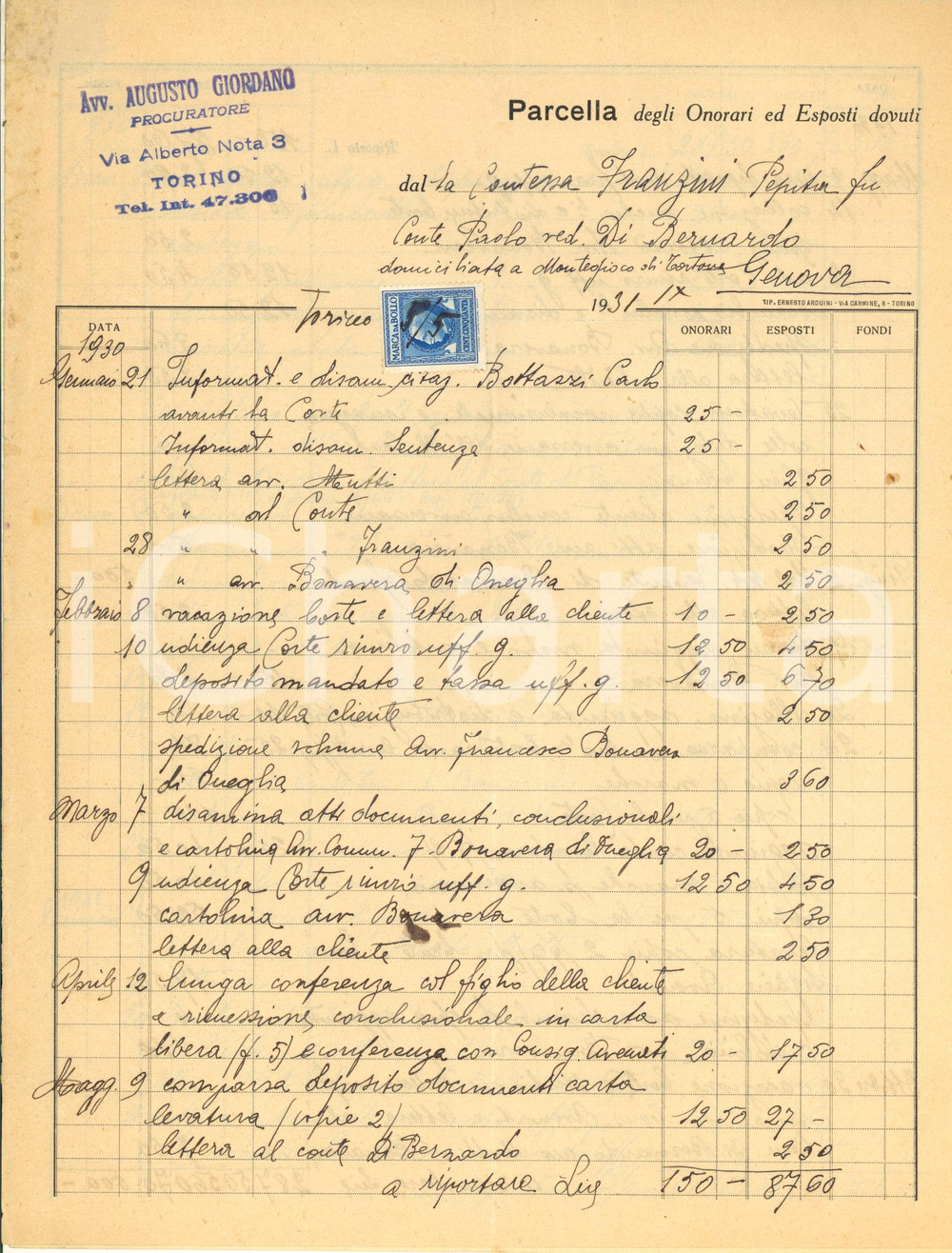 Documento originale, autentico 1931 TORINO Via Nota 3   Avv. Augusto GIORDANO  Parcella manoscritta 1